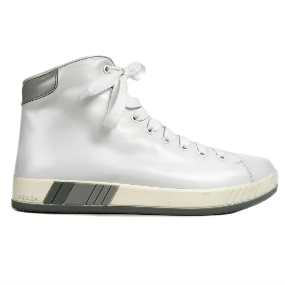White PRADA high top sneakers with grey detail